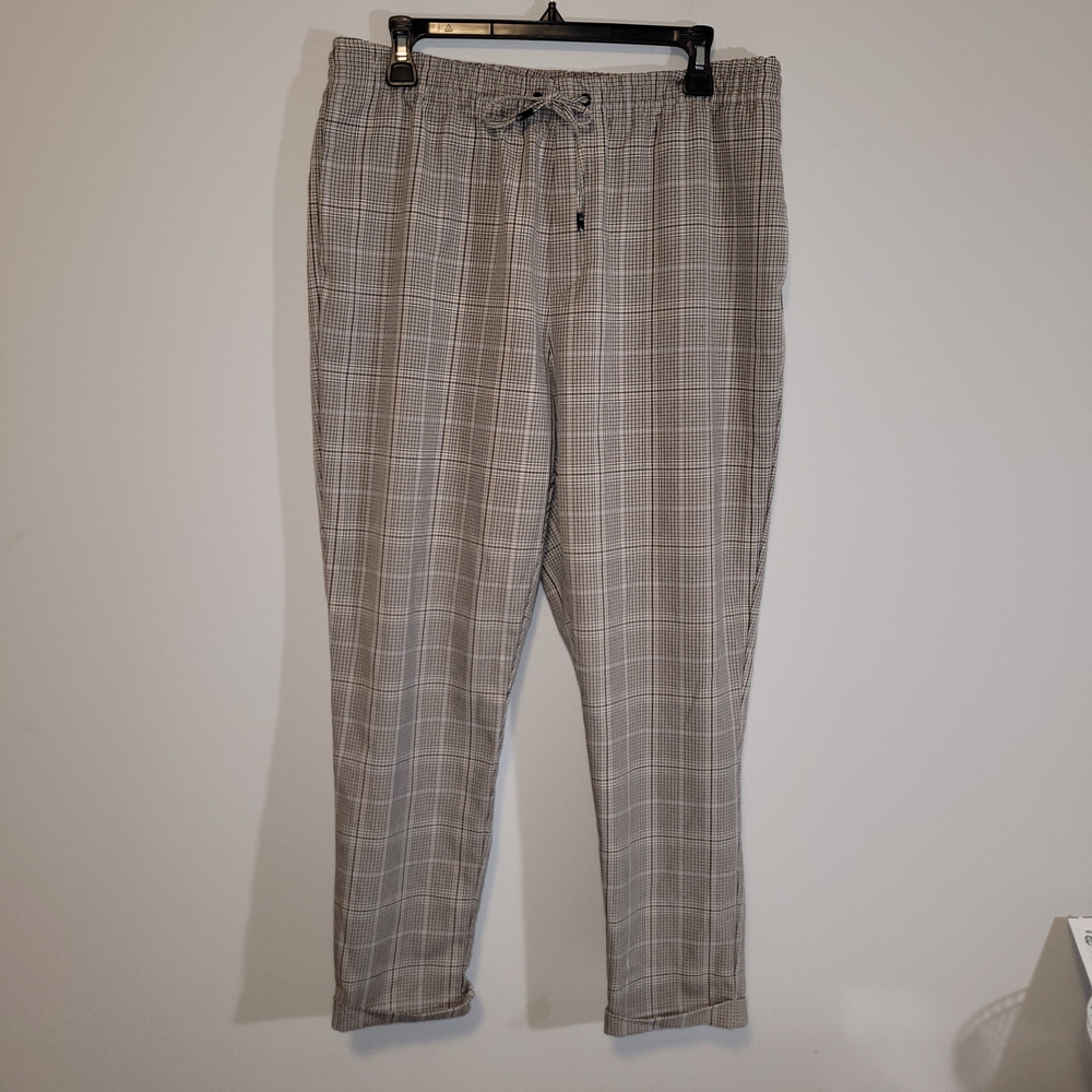 ZARA Plaid Tapered Trousers Elastic Waist Drawstring Pants Neutral - Picture 3 of 8